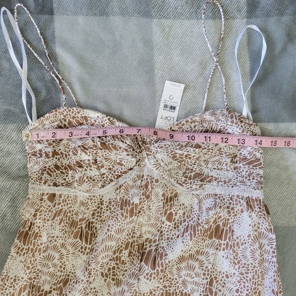 NWT LOFT Tan White Spaghetti Straps Lace Trim Ruffle Chest Sundress Size 0 - Picture 10 of 11